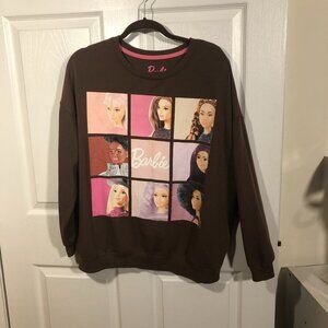 Barbie brown sweater with Barbie doll illustrations on front, size XL